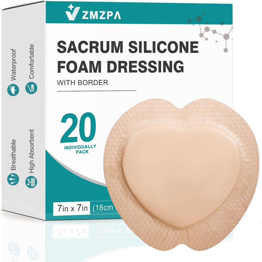 ZMZPA sacral foam dressing with border on skin provides secure, gentle adhesion.