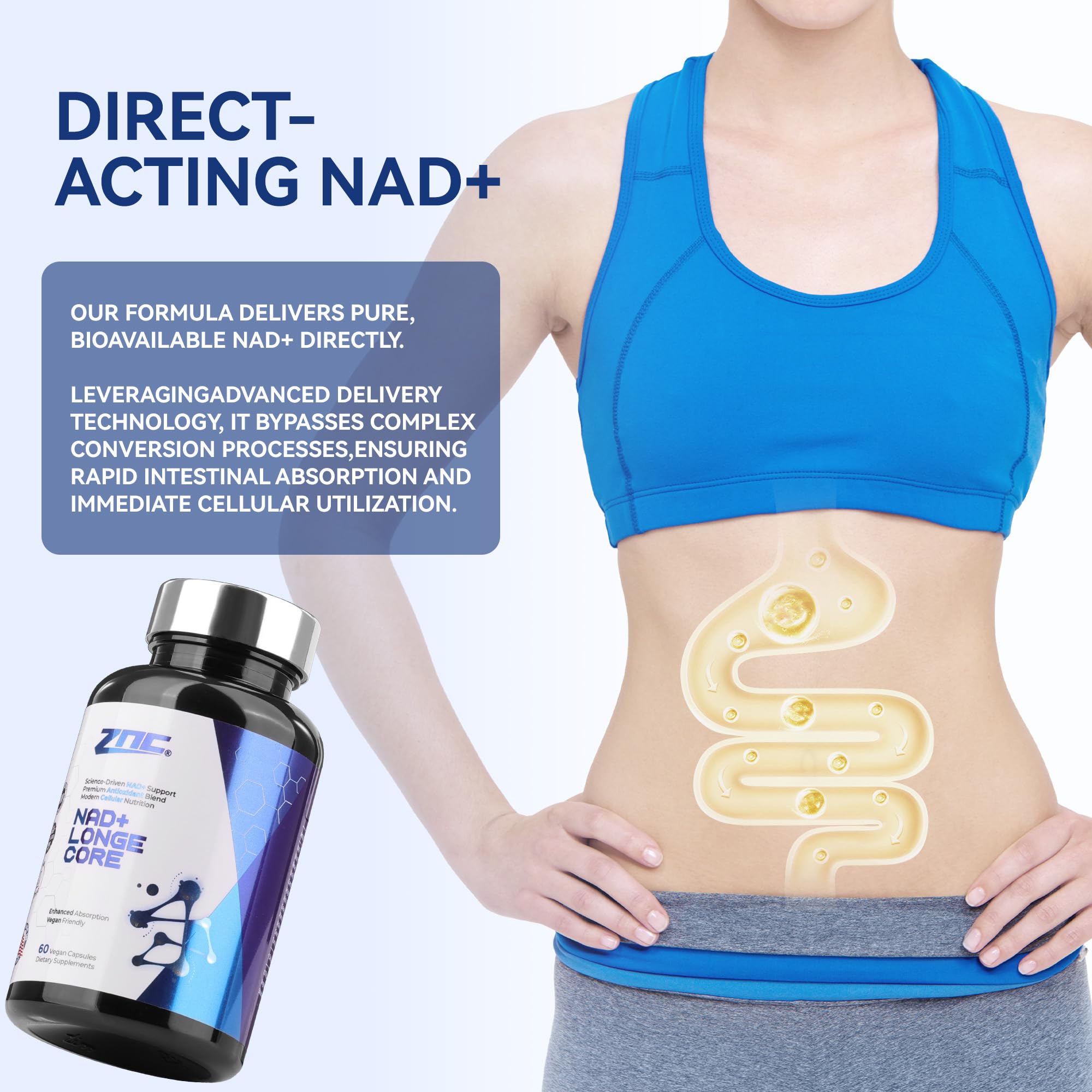 ZNC 10-in-1 NAD supplement bottle pour demonstrating easy dosing and use