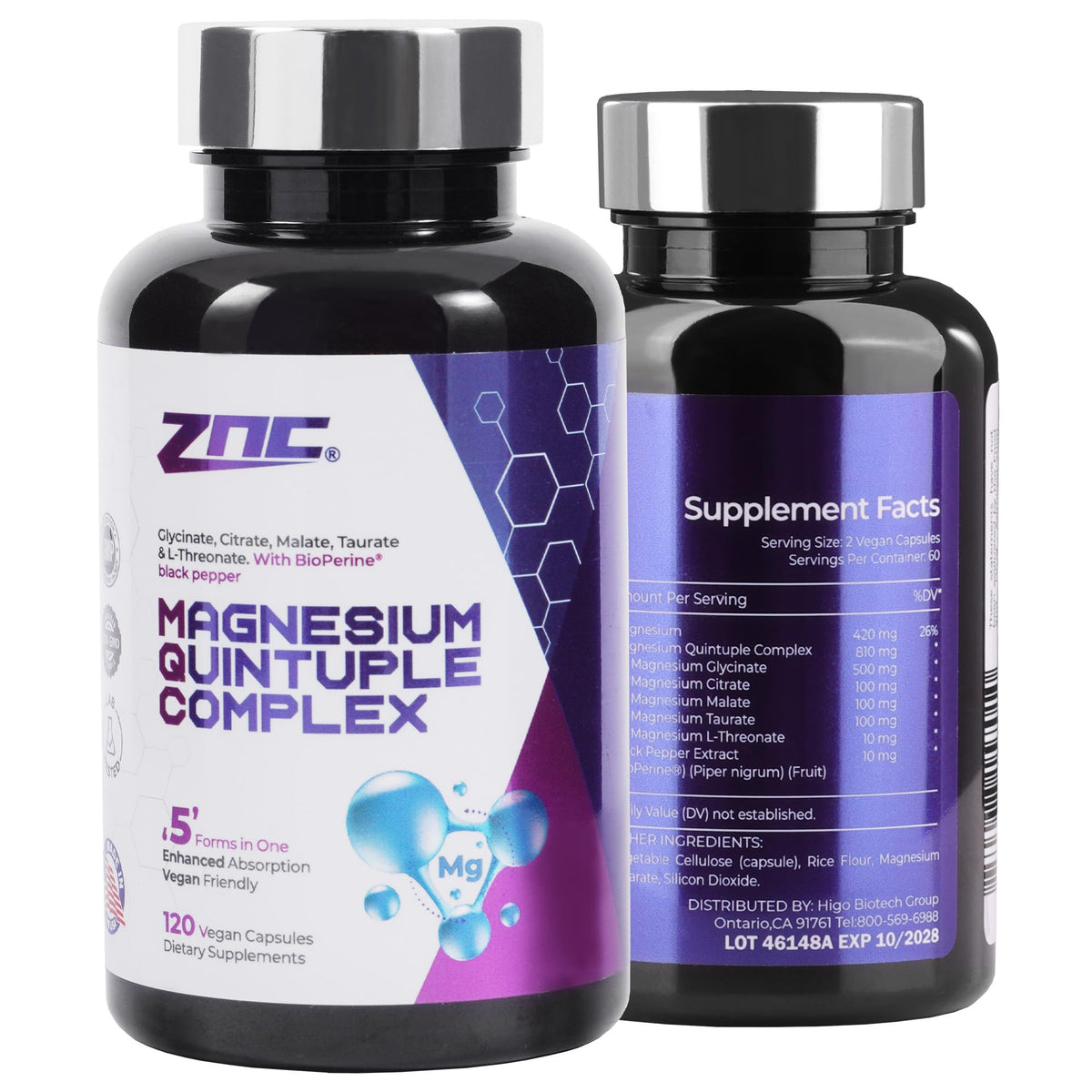 ZNC Magnesium Complex bottle label highlights vegan, non-GMO minerals for daily support.