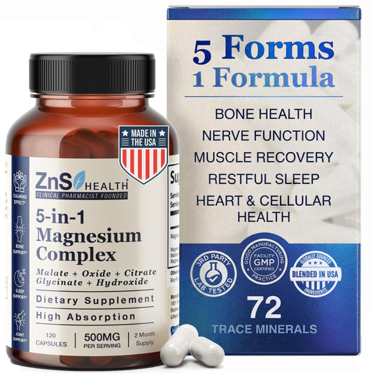 ZnS Health 5-in-1 magnesium bottle front for daily energy and relaxation