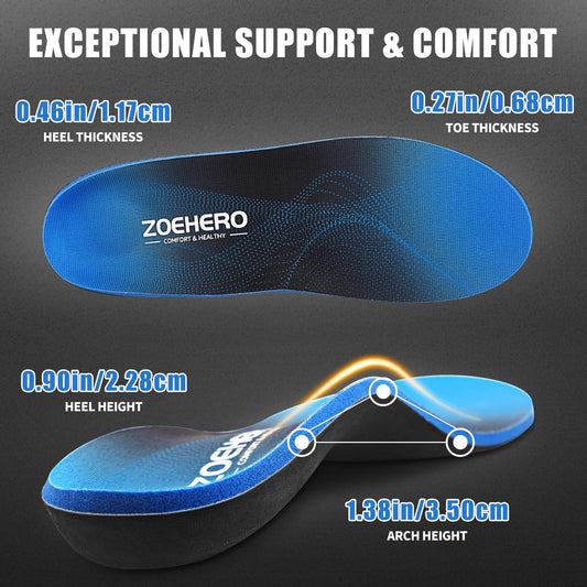 ZOEHERO orthotic inserts with deep heel cup for stability.