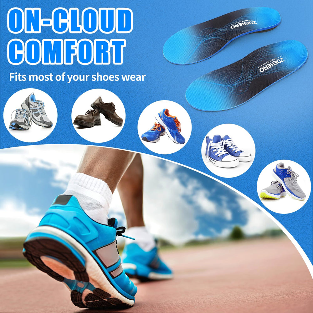 ZOEHERO insoles support all arch types for versatile comfort.