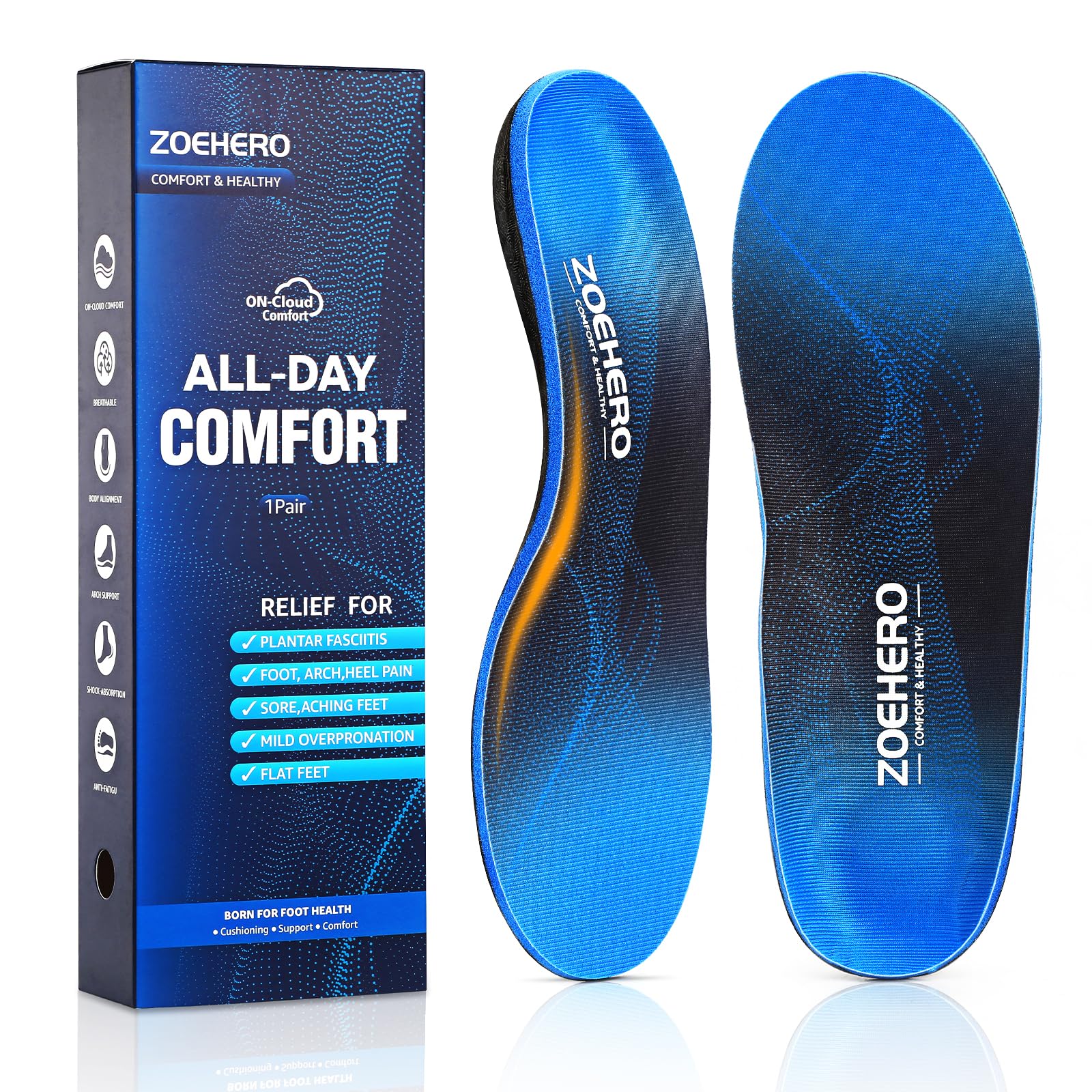ZOEHERO plantar fasciitis insoles with arch support for all-day comfort.