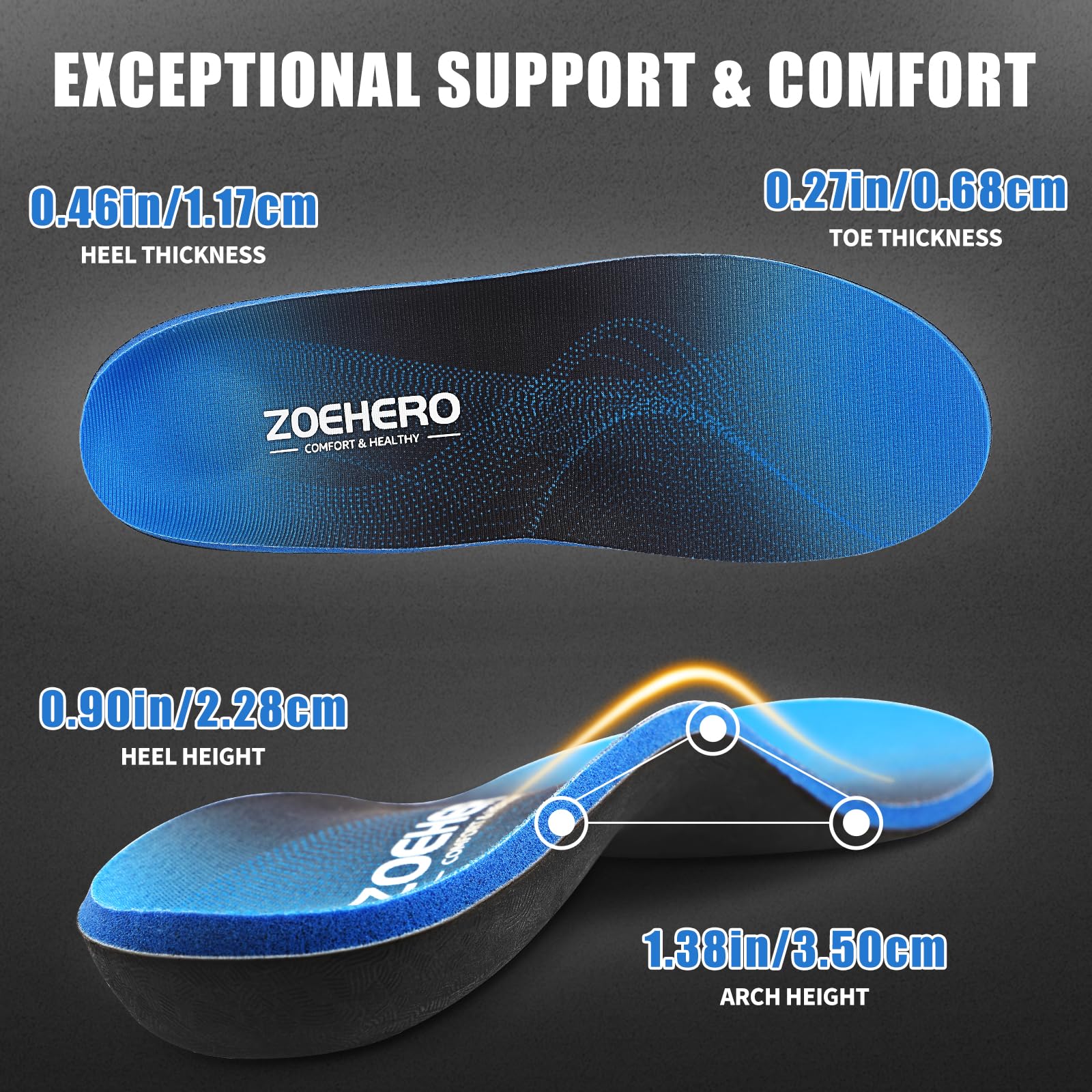 ZOEHERO insoles with deep heel cup for stabilized alignment.
