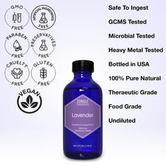 Zongle Therapeutics lavender oil label close-up showing purity seals.