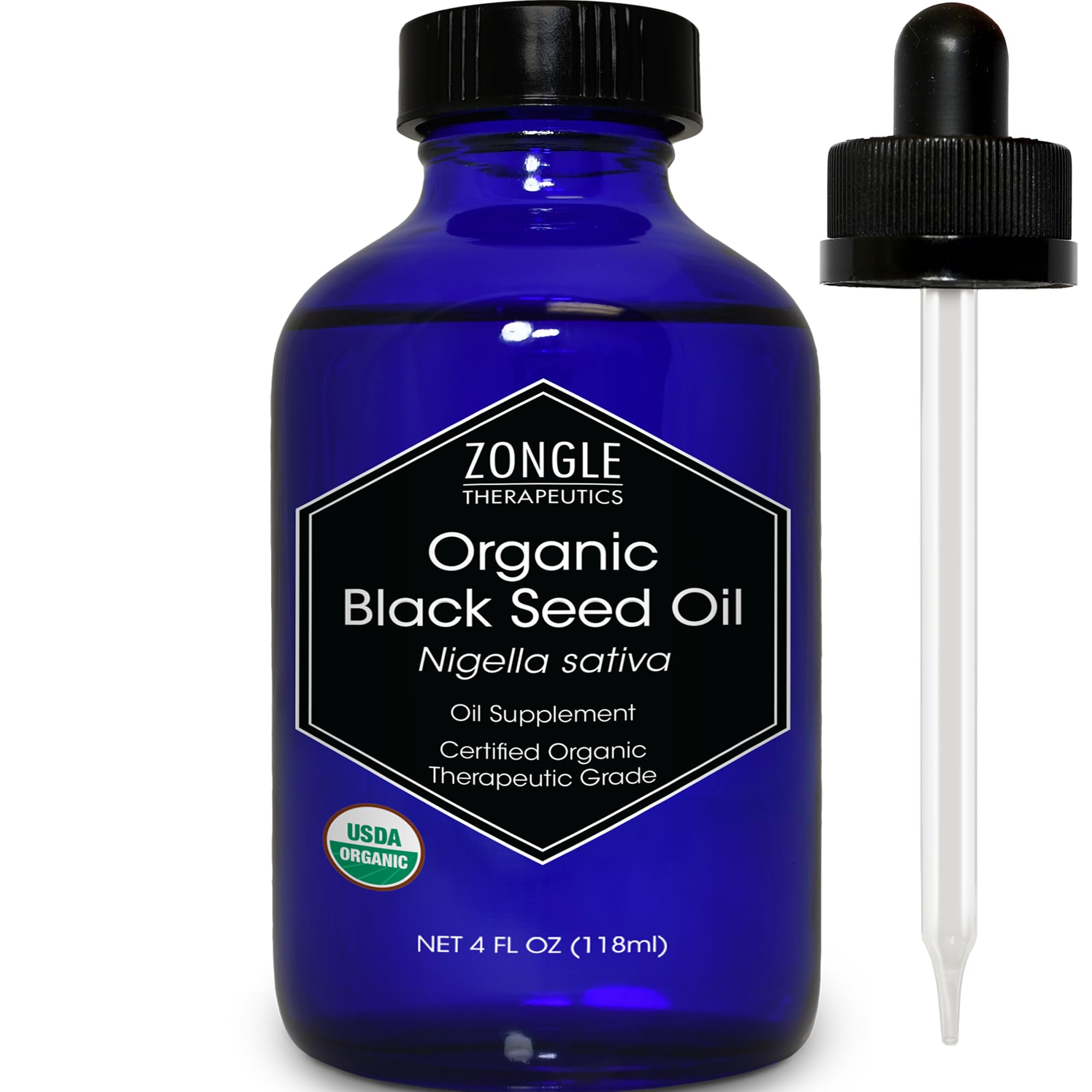 Zongle Therapeutics black seed oil bottle cap close-up shows purity and easy dispensing.