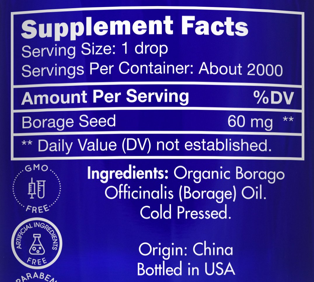 Zongle Therapeutics borage oil label close-up showing organic purity