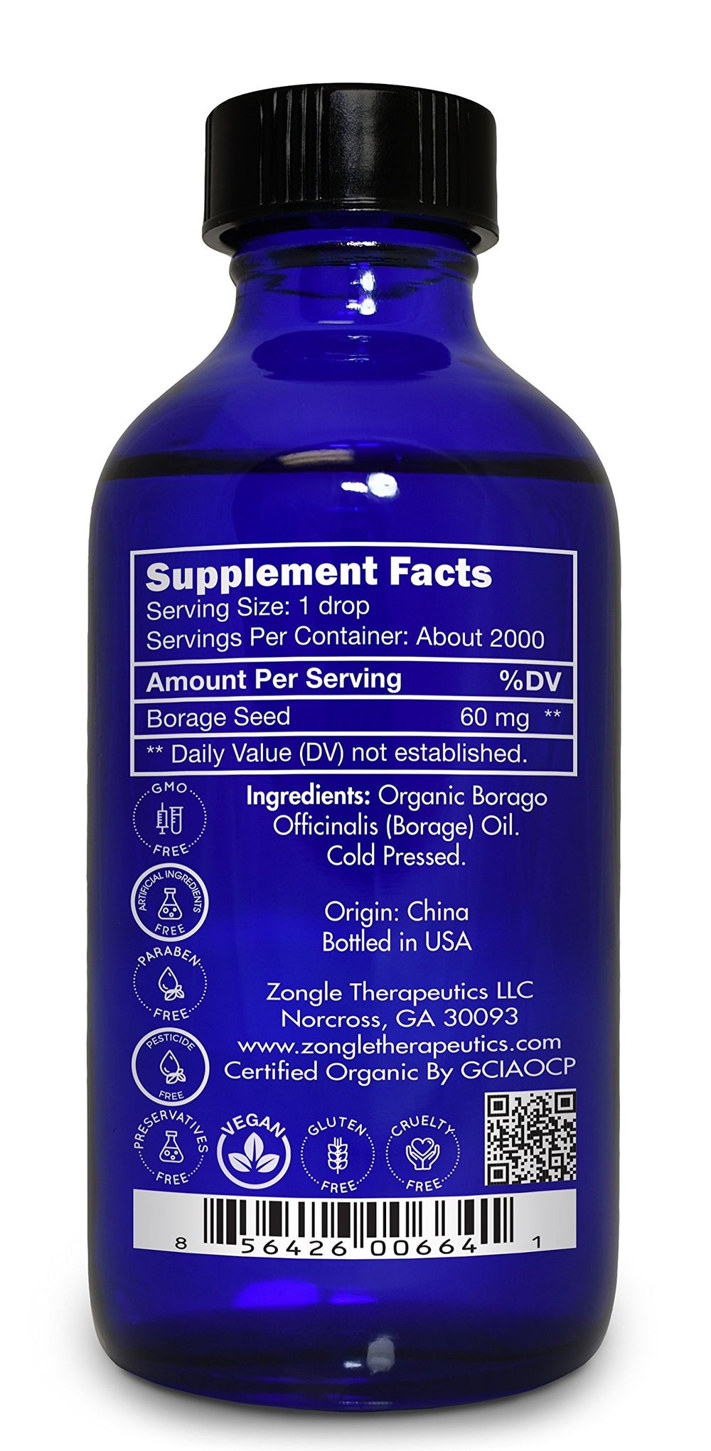 Zongle Therapeutics borage oil label detail highlighting organic origin