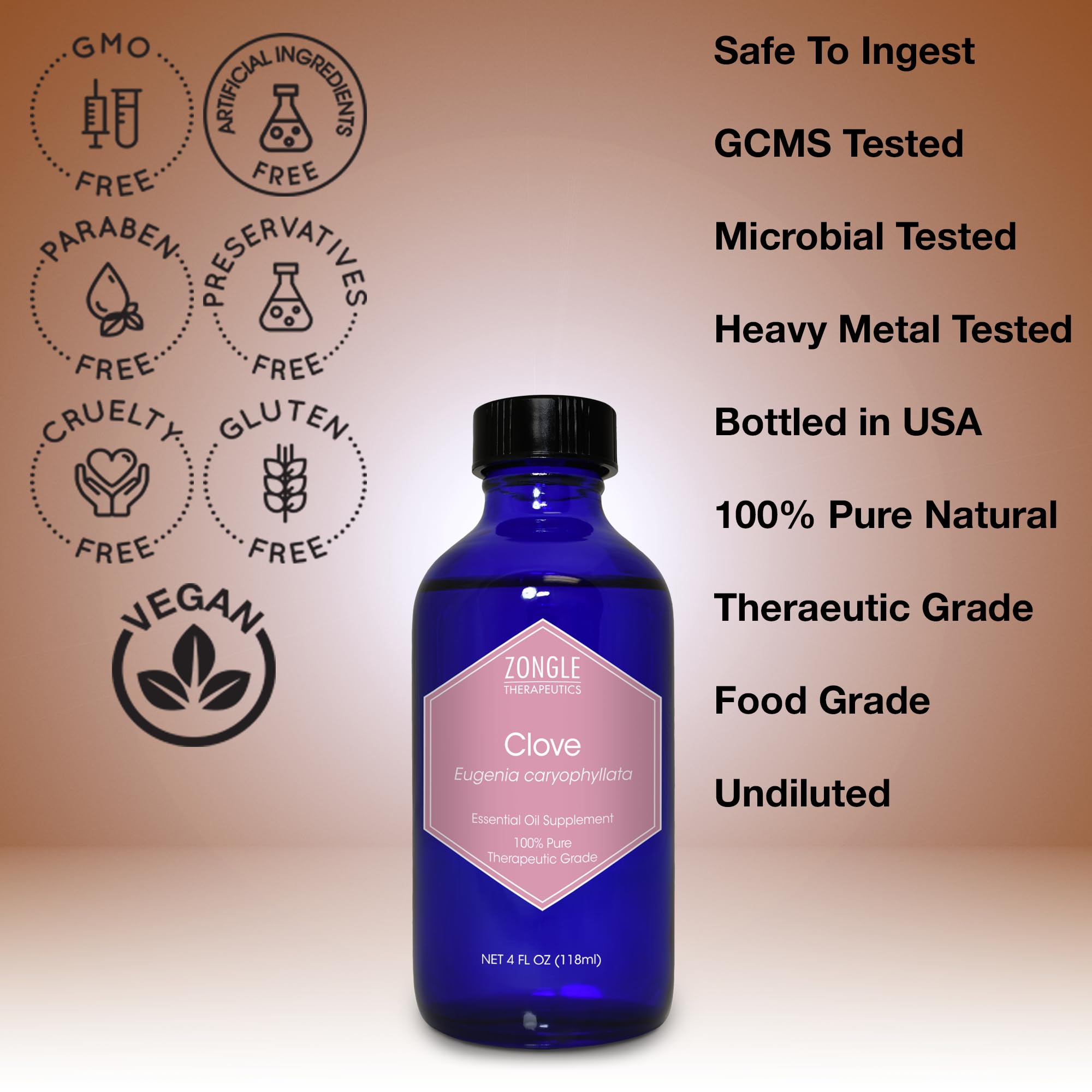 Zongle Therapeutics clove oil label close-up showing purity