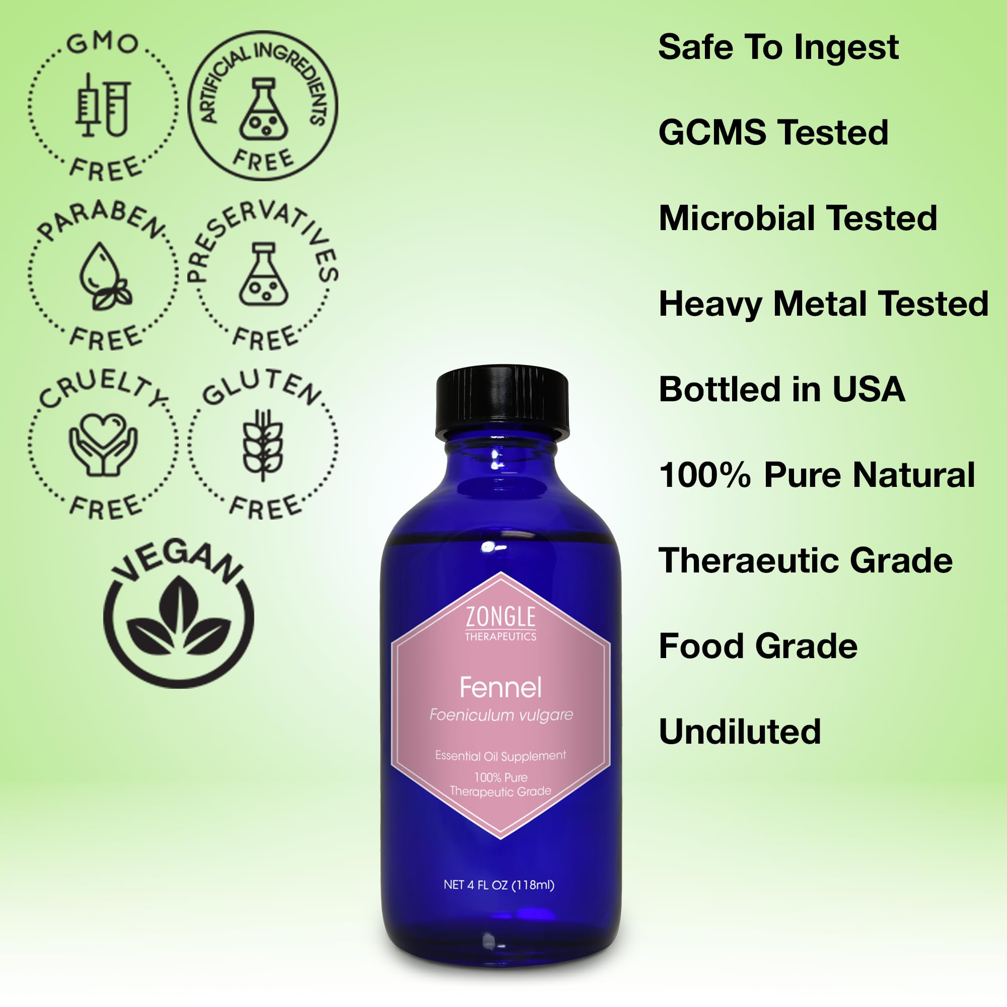 Zongle Therapeutics fennel oil label close-up showing purity.