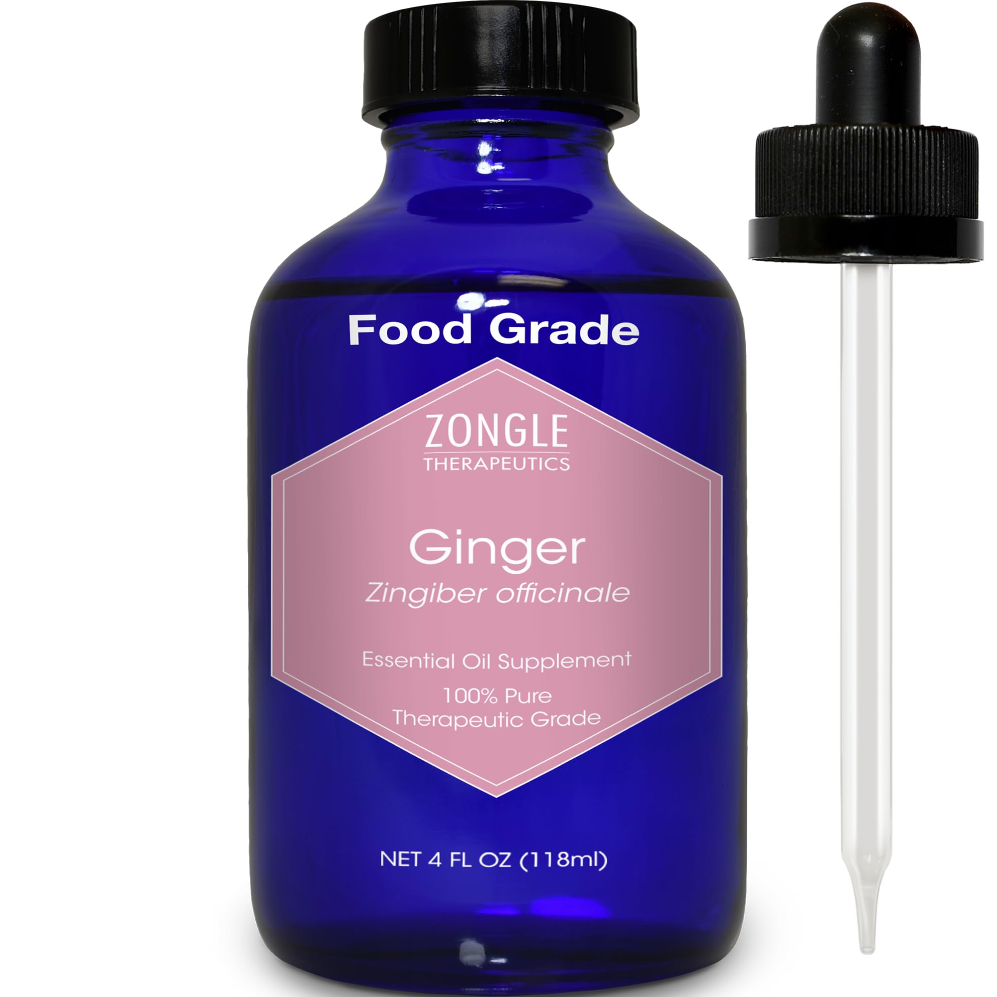 Zongle Therapeutics Ginger Oil bottle closeup, pure edible oil for culinary use