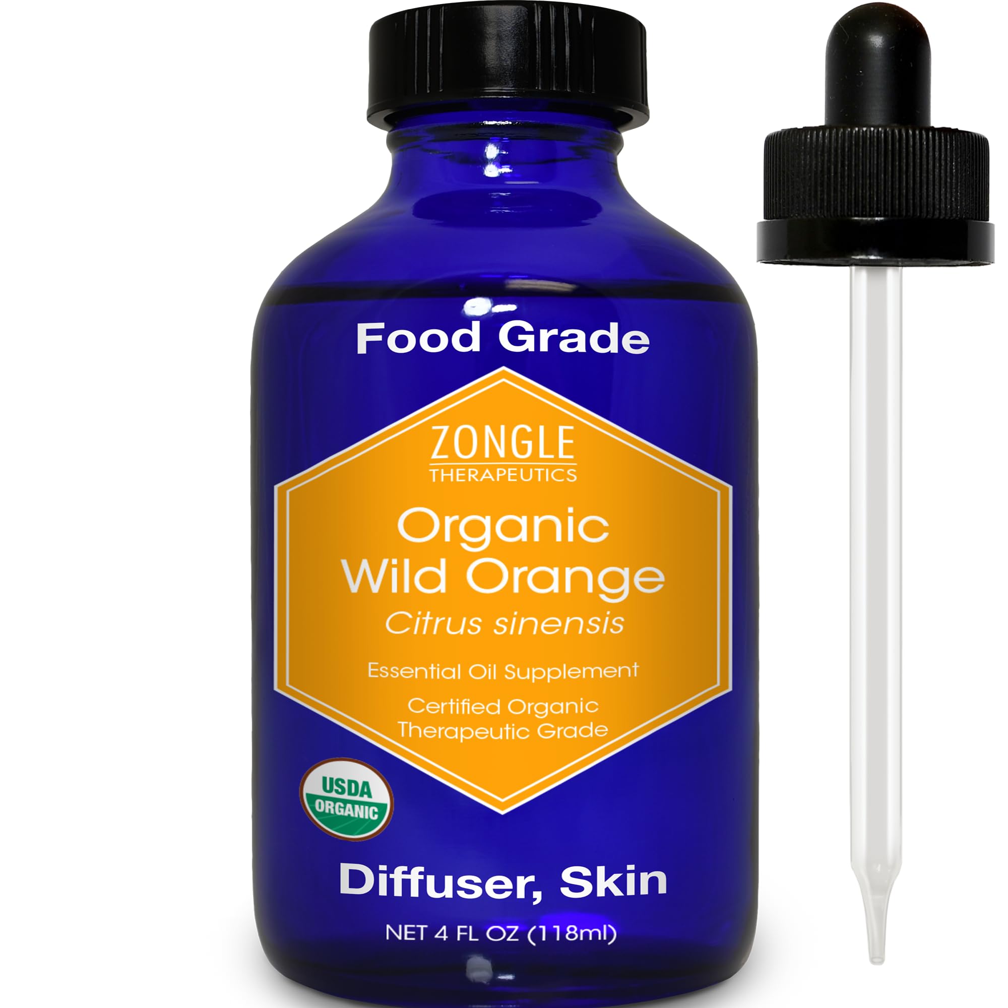 Zongle Therapeutics organic orange oil bottle with bright aroma.