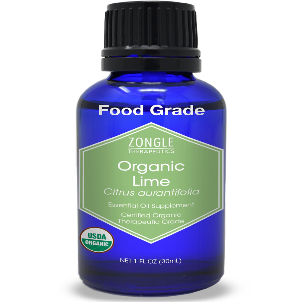Zongle Therapeutics Organic Lime Oil bottle showing pure, food-grade citrus for cooking and flavor.