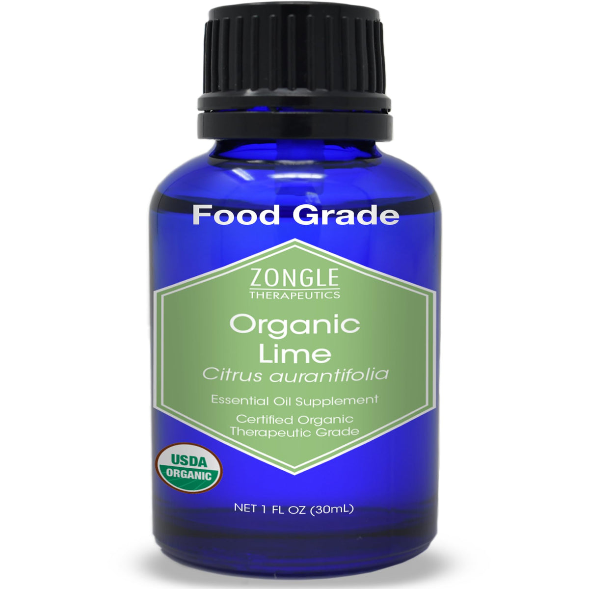 Zongle Therapeutics Organic Lime Oil bottle showing pure, food-grade citrus for cooking and flavor.