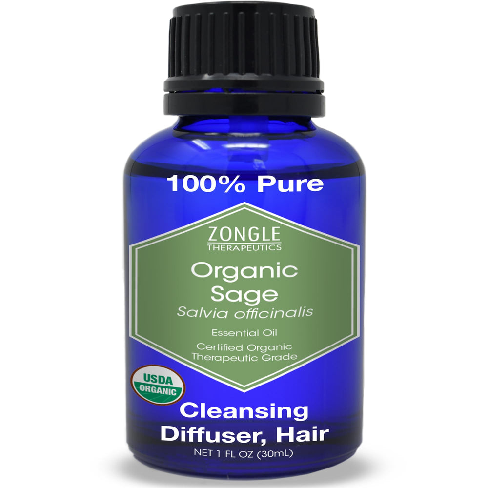 Zongle Therapeutics Organic Sage Oil bottle for pure aromatherapy and skin care.