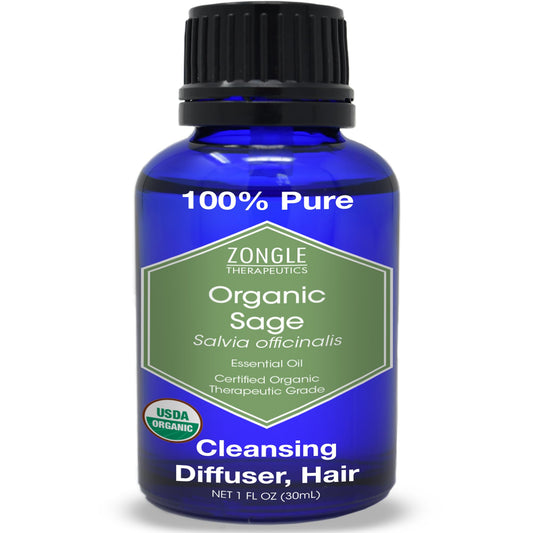 Zongle Therapeutics Organic Sage Oil bottle for pure aromatherapy and skin care.