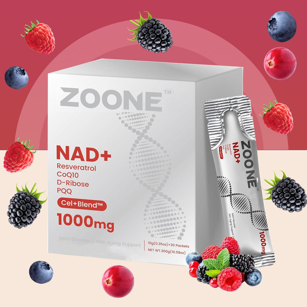 Zoone NAD liquid with ingredients icons suggests a comprehensive blend.
