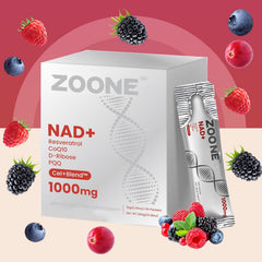 Zoone NAD liquid with ingredients icons suggests a comprehensive blend.