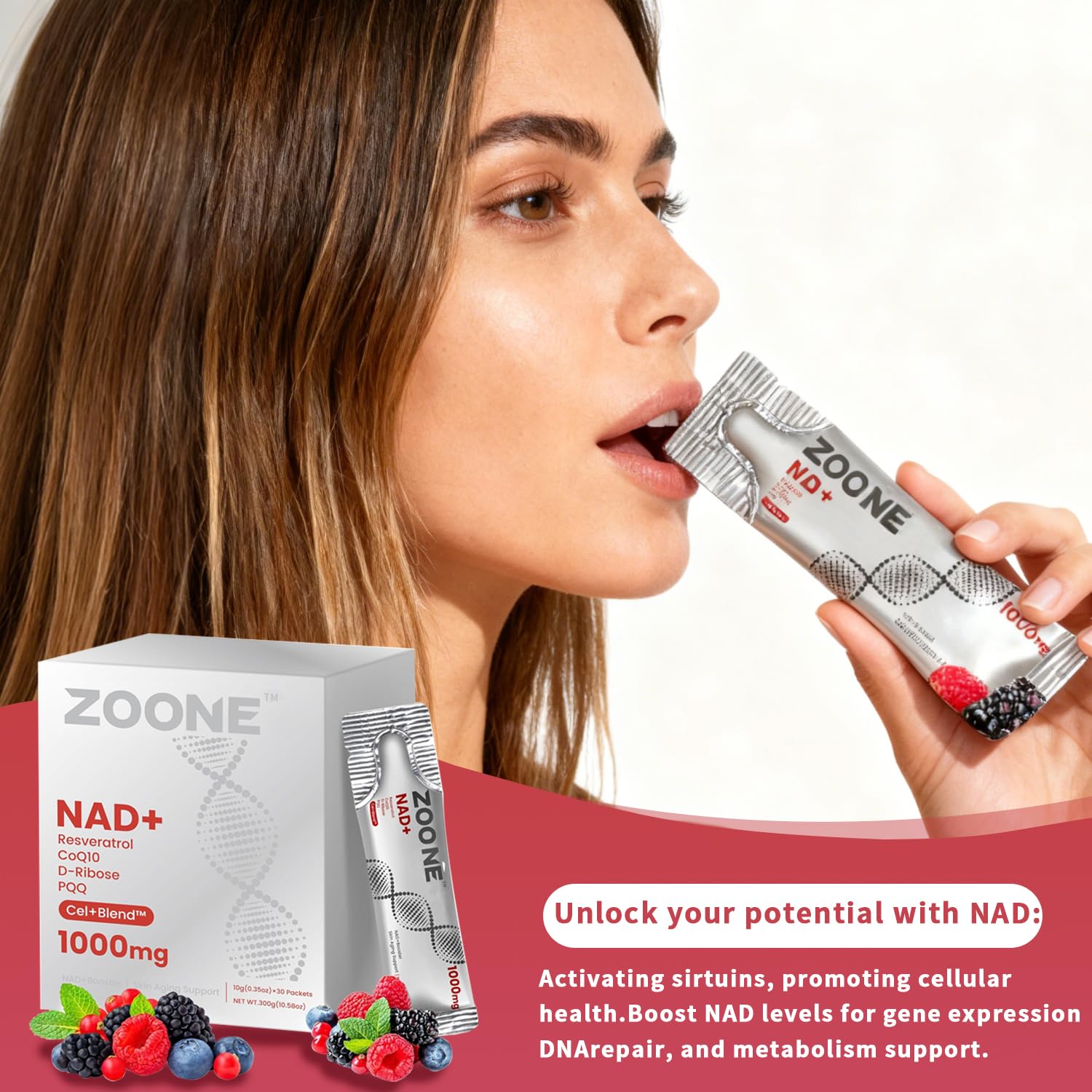 Zoone NAD packaging box shows modern, science-forward branding.