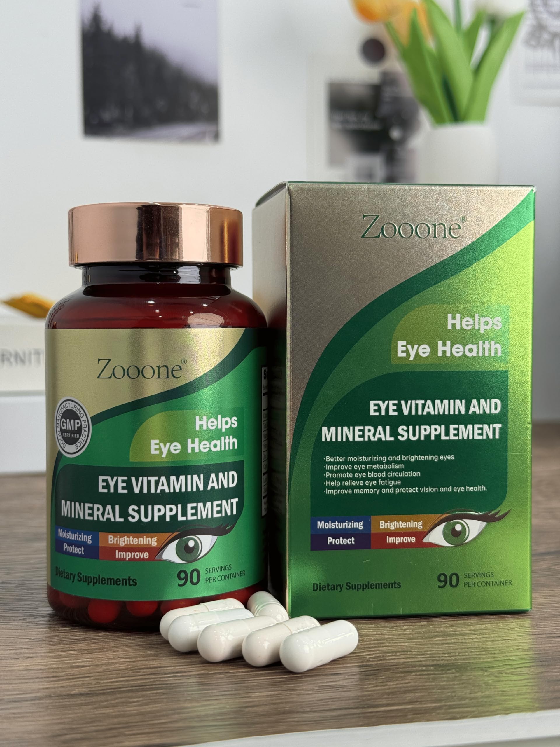 Zooone bottle on a desk ready for daily eye care routine.
