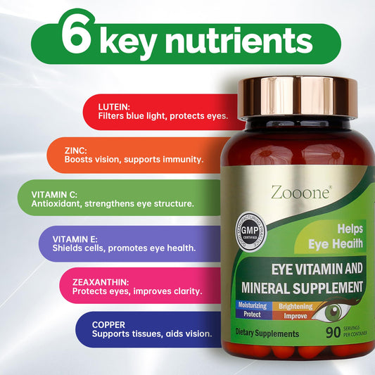 Zooone eye vitamins bottle front showing trusted formula for dry eye support.