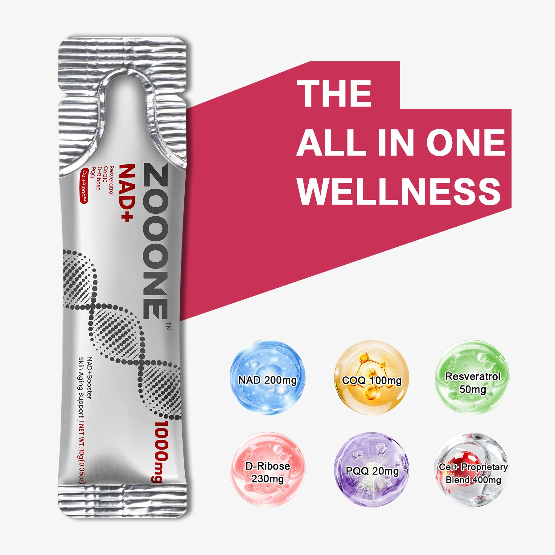 Zooone NAD+ bottle label emphasizes gluten-free and non-GMO formulation