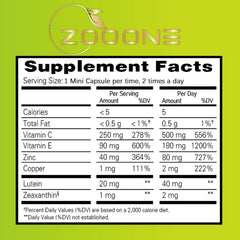 Zooone packaging label detailing usage, ingredients, and key eye health benefits.