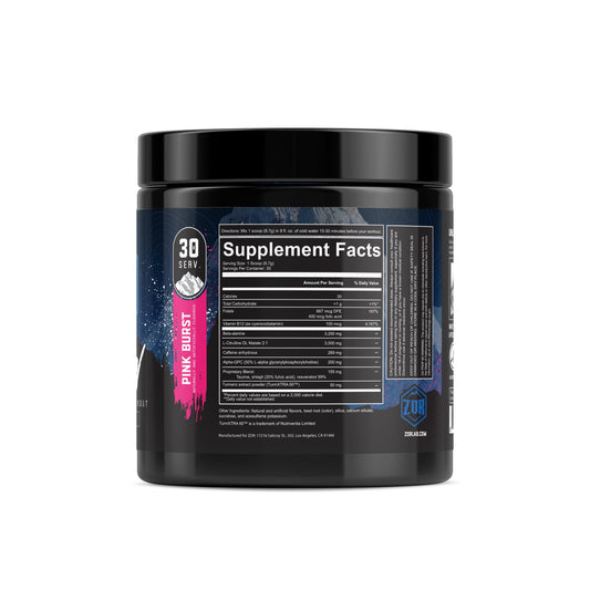 ZOR Labs Snow Pink Burst tub highlights a sugar-free formula for steady training.