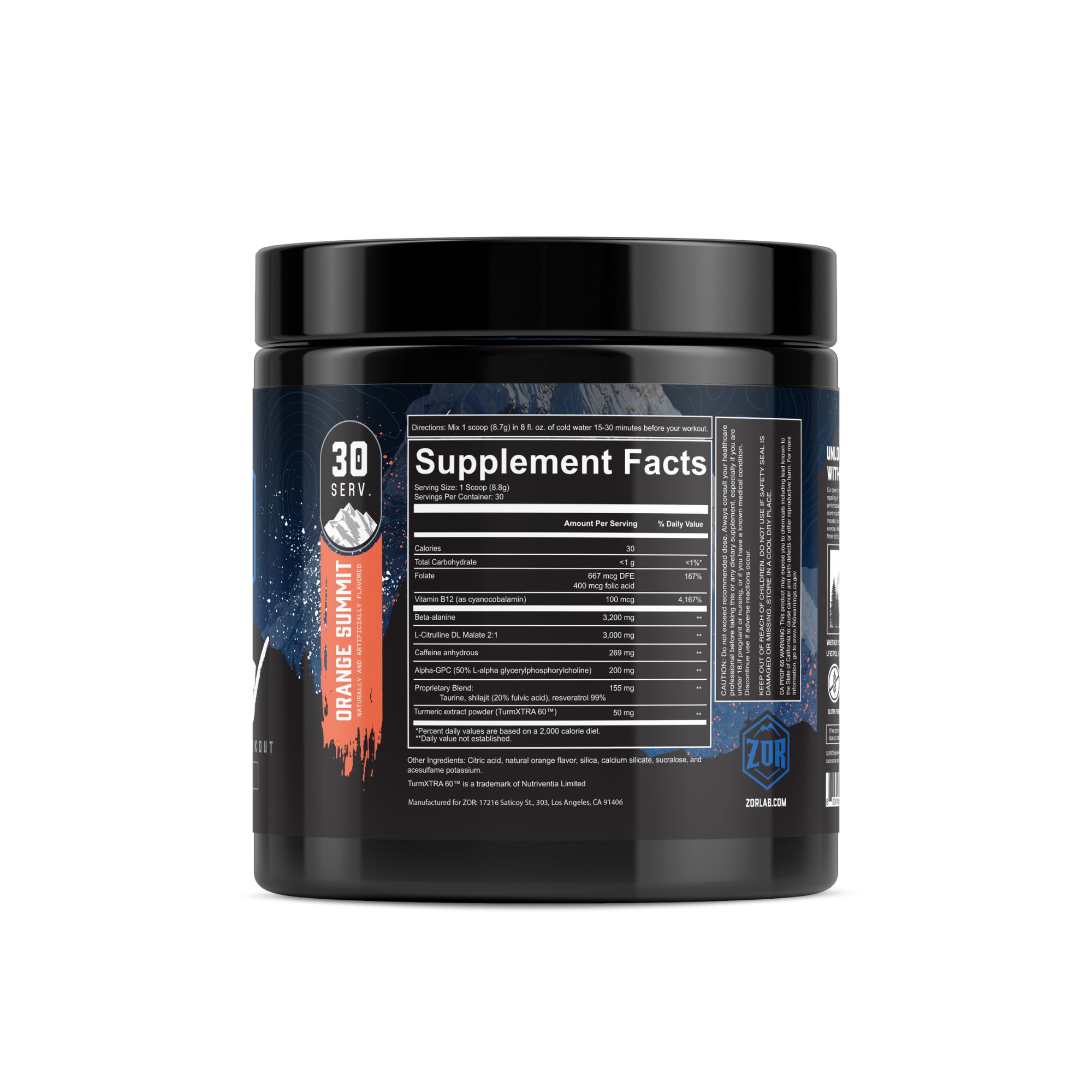 ZOR Snow Orange Summit label highlights sugar-free, non-GMO formula.