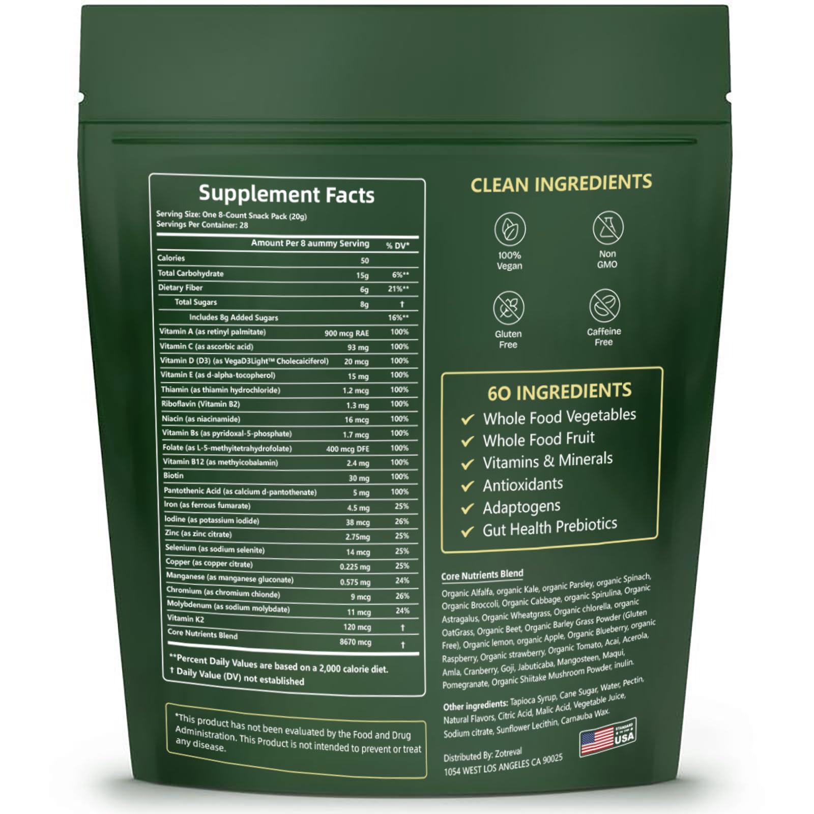 Ingredients and nutrient notes on Zotreval Daily Greens packaging.
