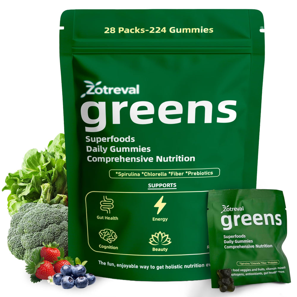 Zotreval Daily Greens gummies packaging for daily wellness routine.