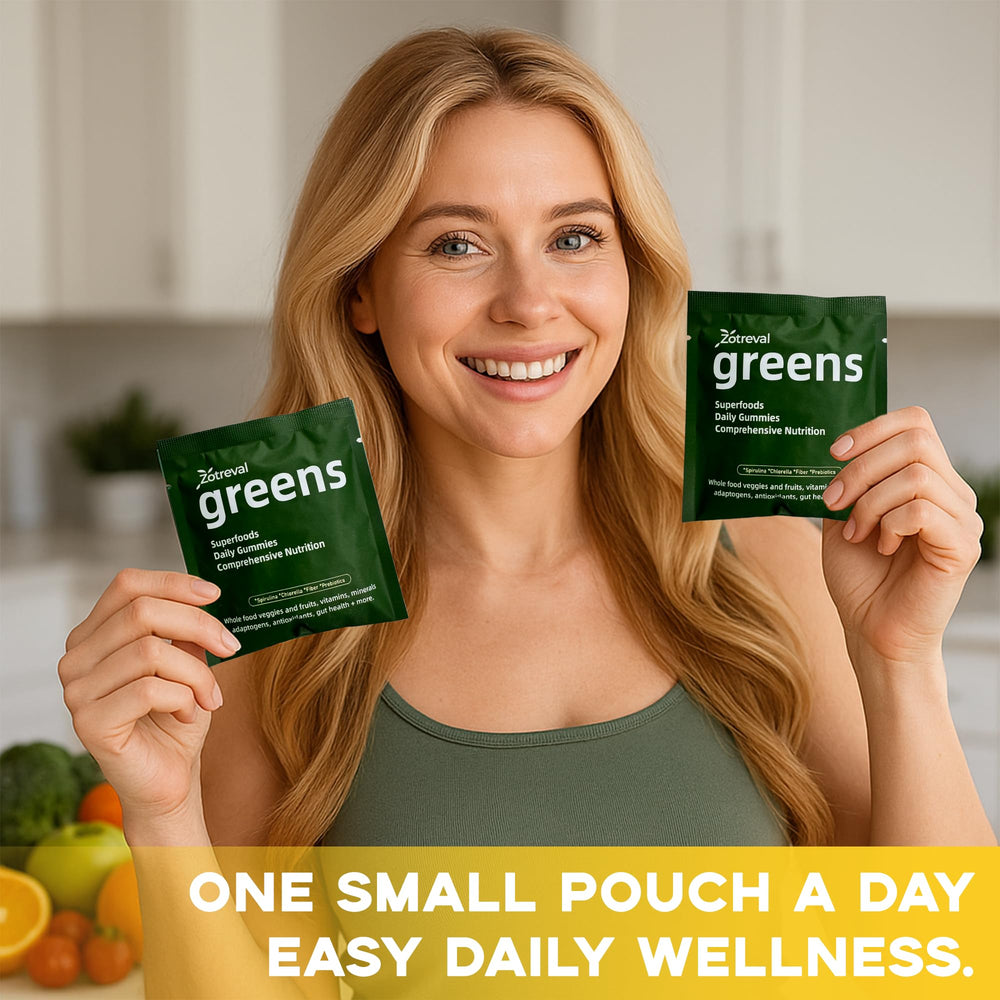 Zotreval Daily Greens gummies opened pouch for on-the-go use.