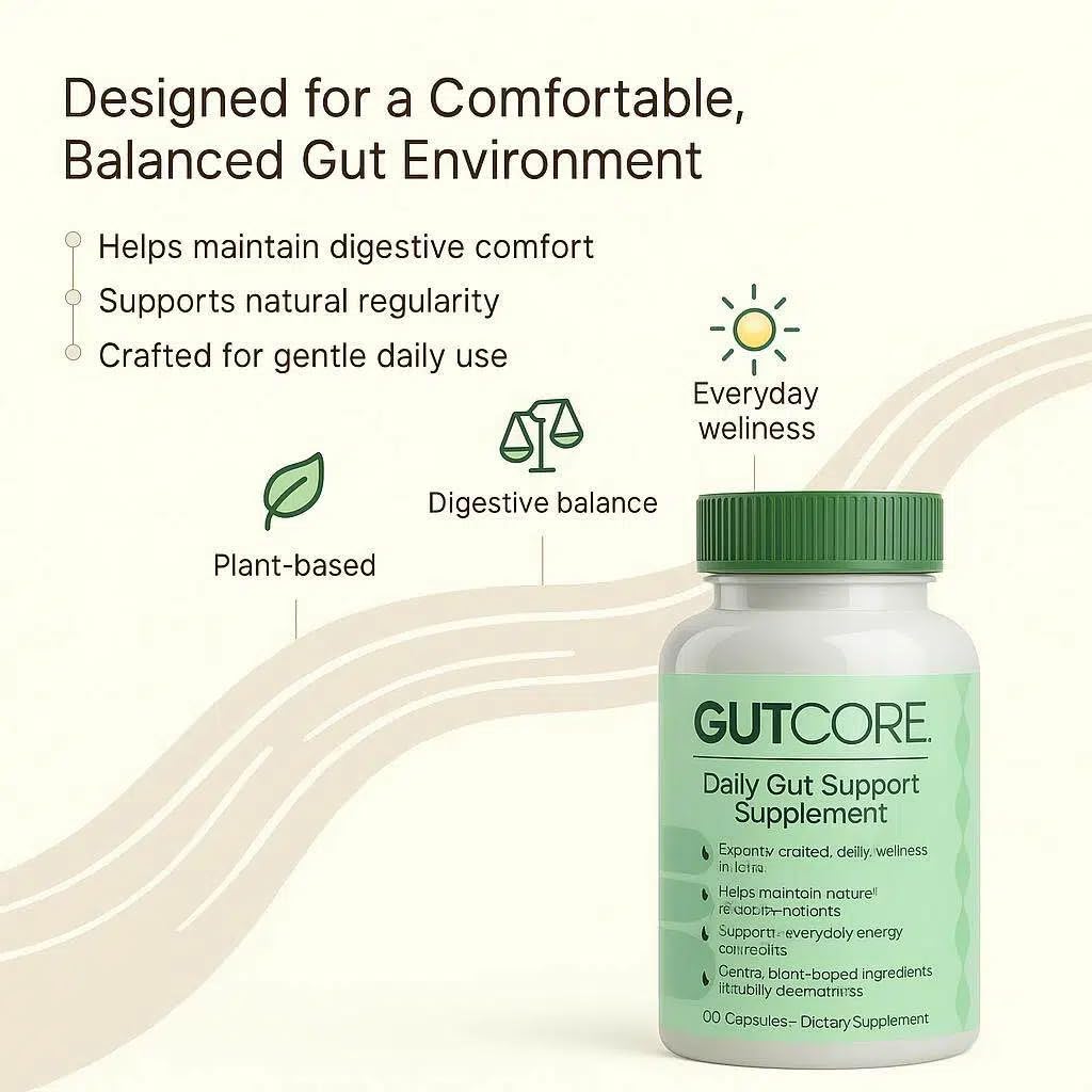 Bottle on countertop suggesting daily wellness integration with GutCore.
