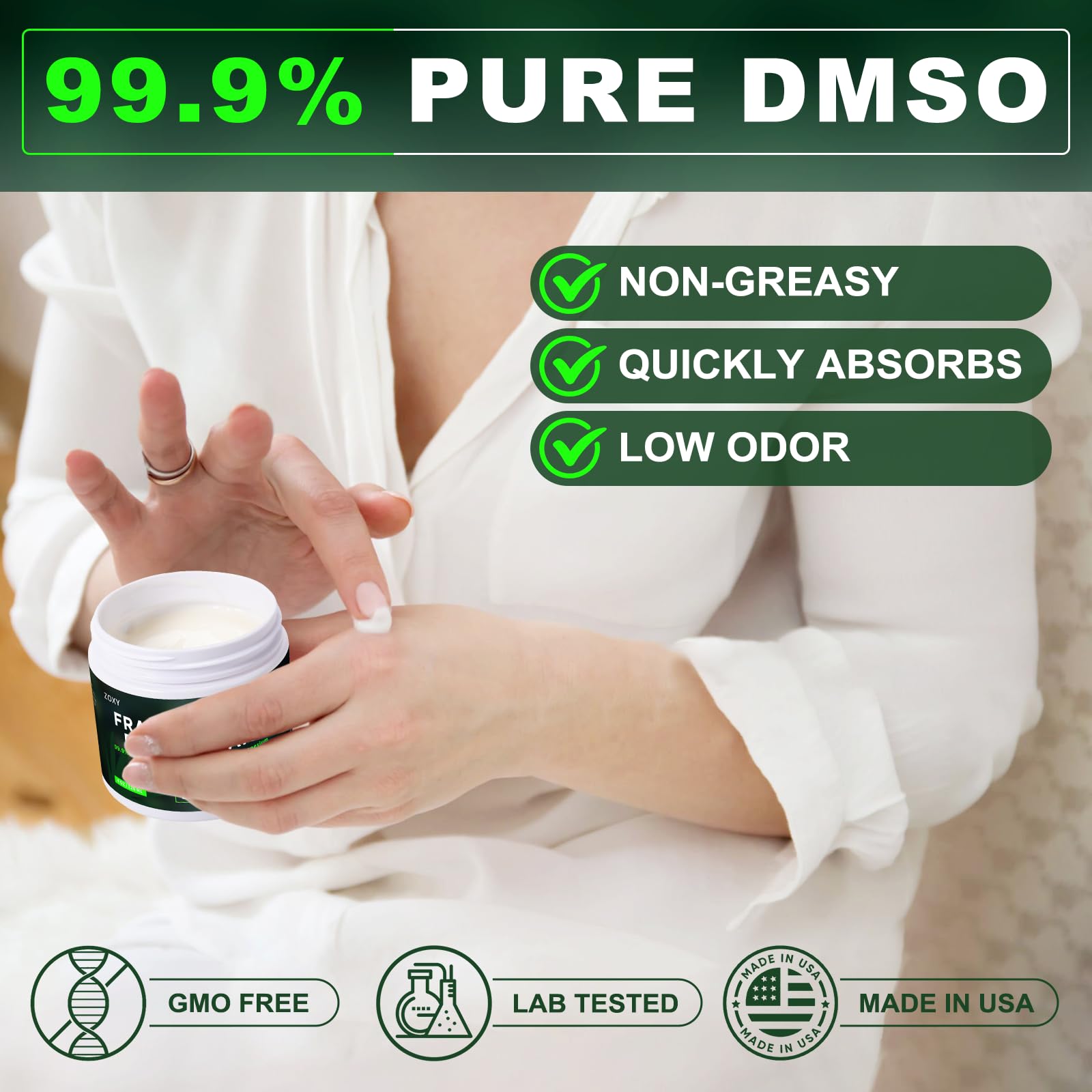 ZoXY DMSO Cream fast-absorbing, non-greasy texture supports quick relief after activity.