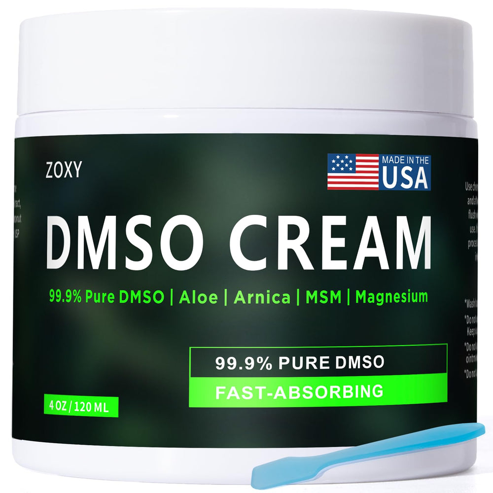 ZoXY DMSO Cream bottle and packaging, fast-absorbing formula for post-workout relief.