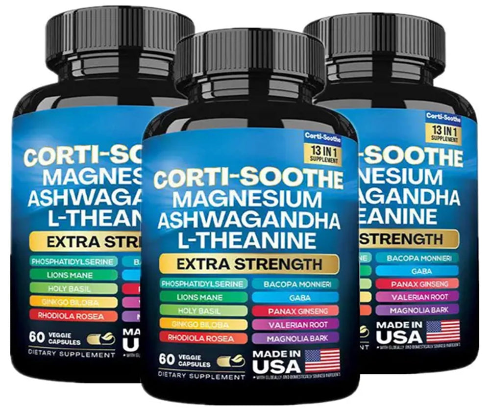 Zoyava Corti-Soothe displayed with adaptogens and herbs for mood balance.