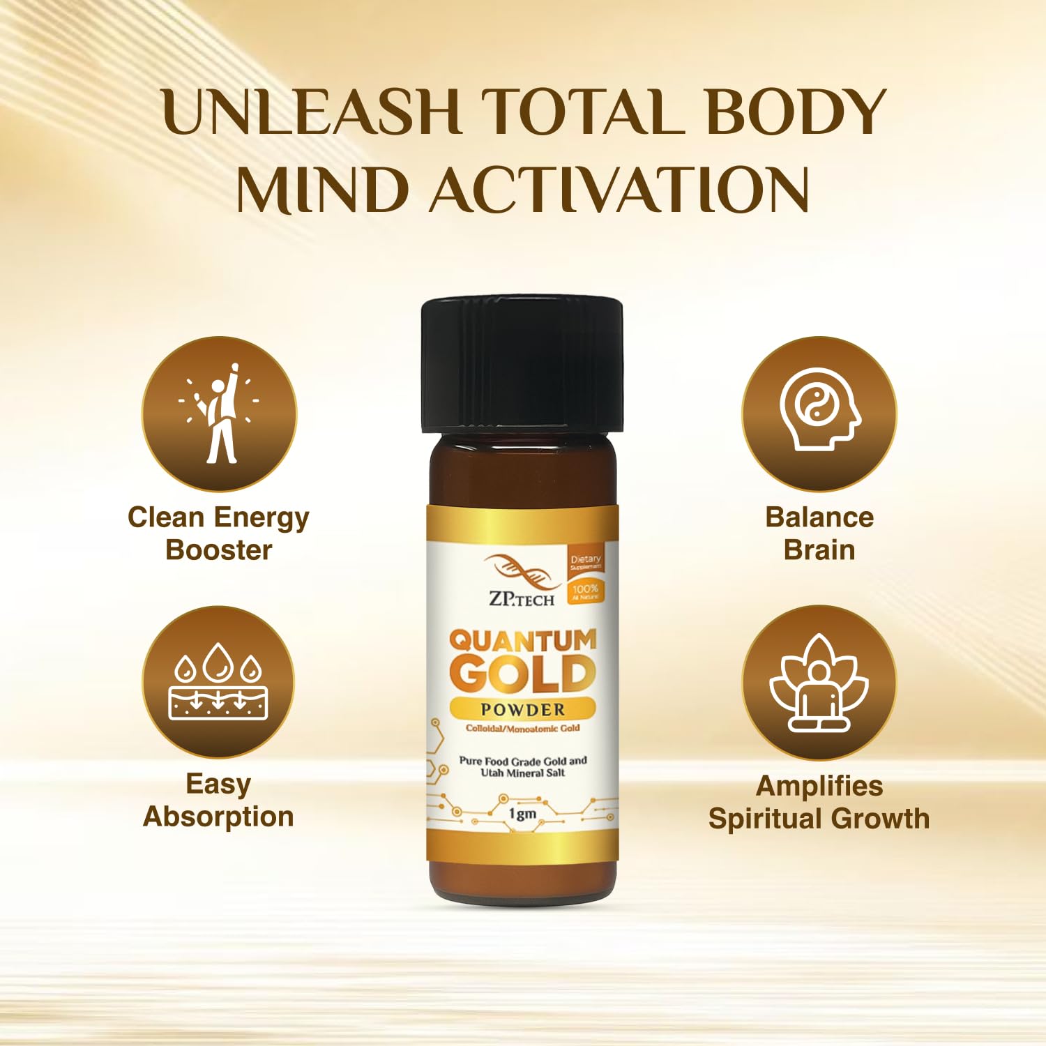 Close-up of ZP.TECH Quantum Gold 24K ormus powder shows pure energy