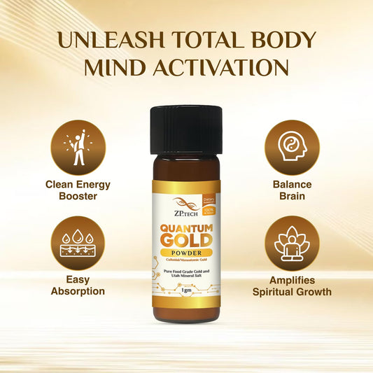 Close-up of ZP.TECH Quantum Gold 24K ormus powder shows pure energy