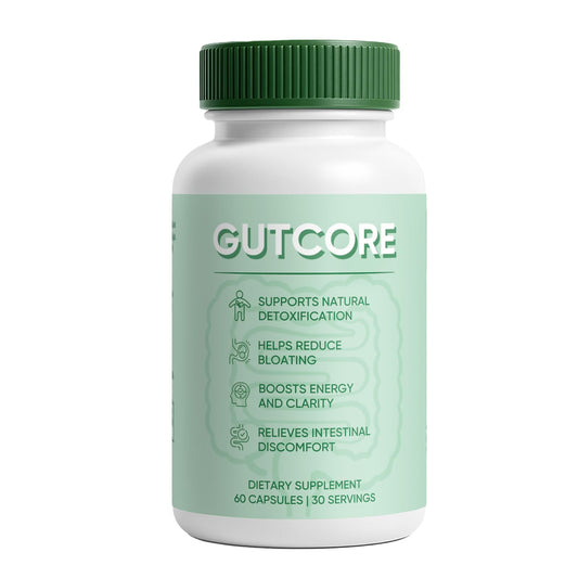 ZRRTXV GutCore bottle front shows vegan probiotic capsules designed for daily digestive comfort.