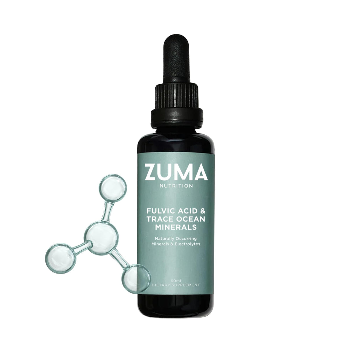 Zuma Nutrition fulvic acid liquid bottle close-up for daily hydration and mineral support.