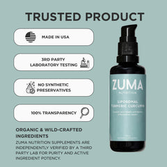 Zuma Nutrition liposomal turmeric drops label shows clean ingredients