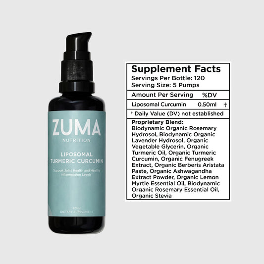 Zuma Nutrition liposomal turmeric drops being poured into water for easy mixing