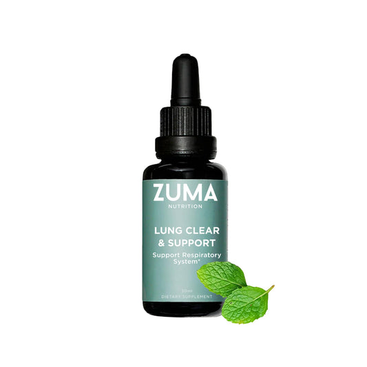 Zuma Nutrition Lung Support Tonic bottle front shows vegan herbal blend for daily breathing routines
