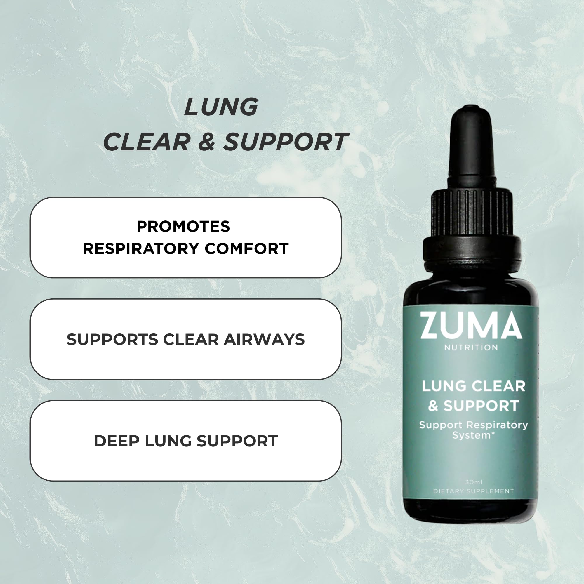 Zuma Nutrition Lung Support Tonic pour in glass demonstrates easy, water-soluble texture for daily sips