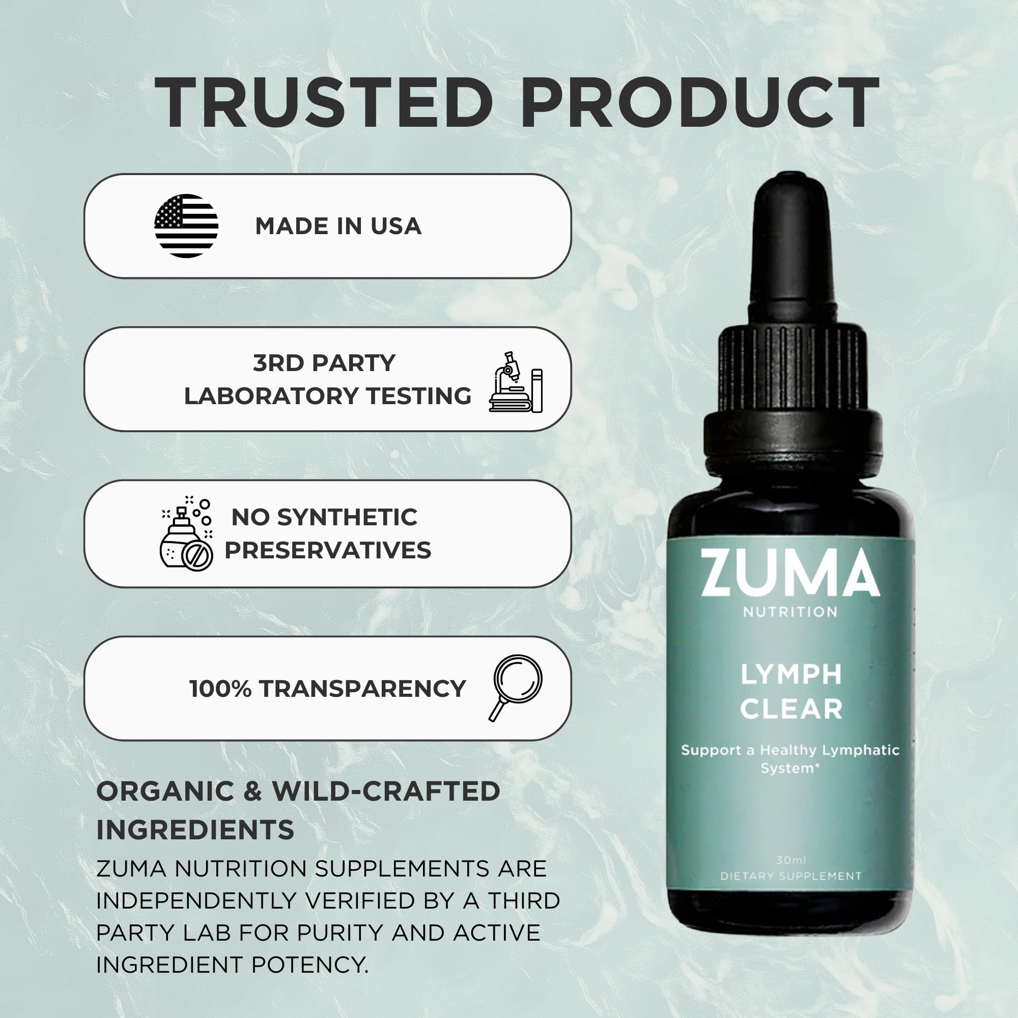 Zuma Nutrition Lymphatic Tonic herbal close-up highlighting wild harvested ingredients