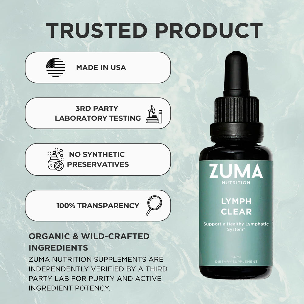 Zuma Nutrition Lymphatic Tonic herbal close-up highlighting wild harvested ingredients