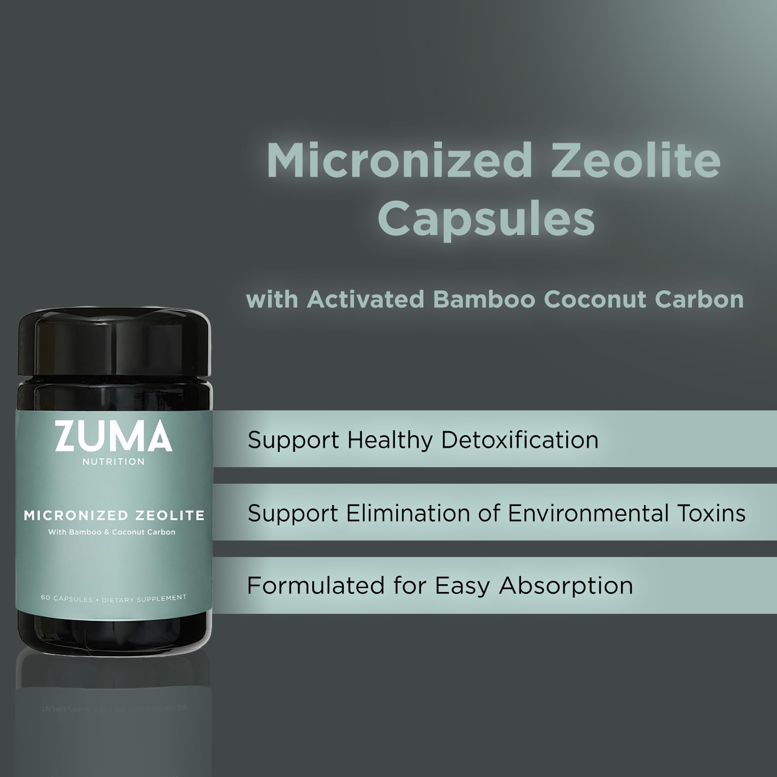 Zuma Nutrition recyclable Miron glass packaging highlighting eco-friendly storage.