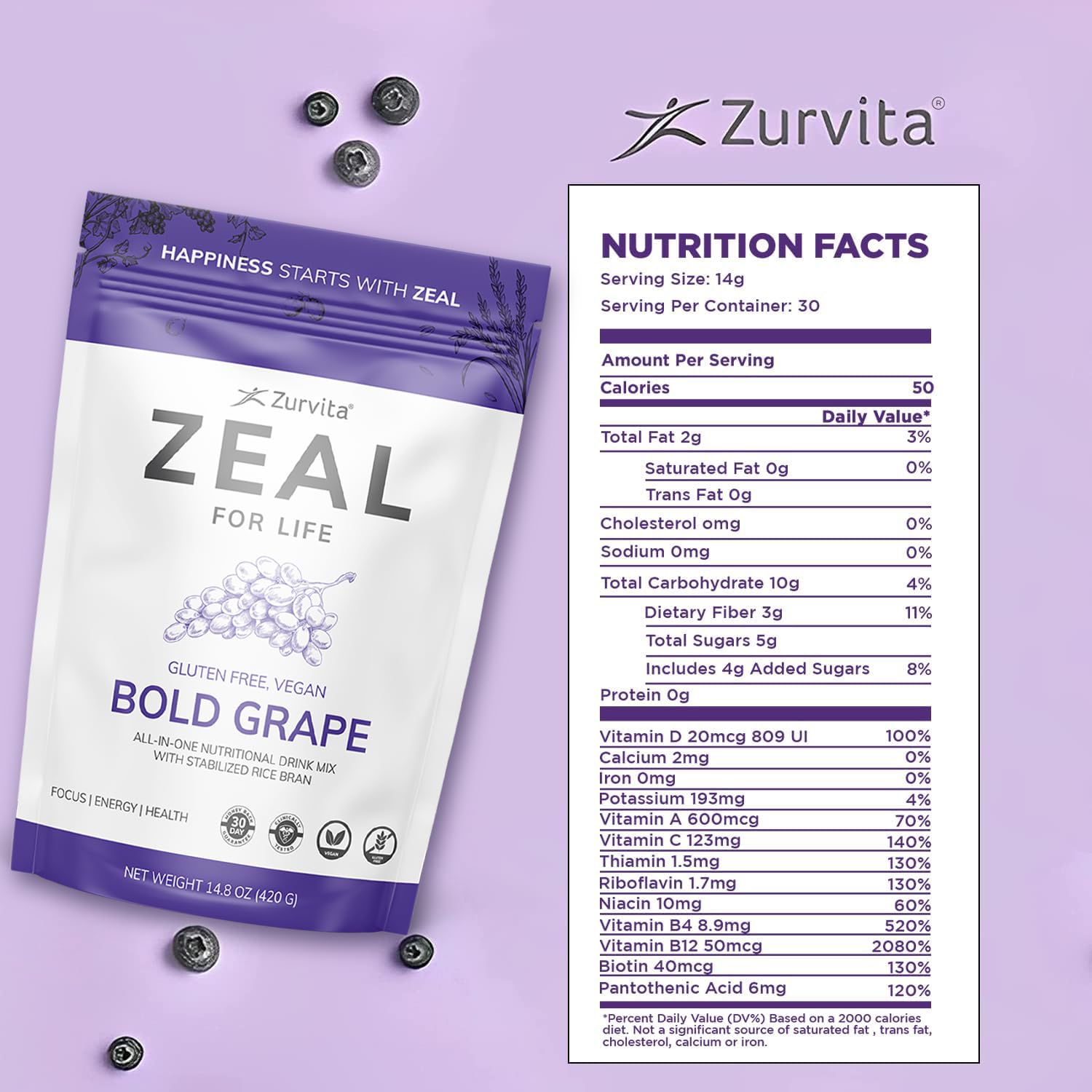 Zurvita Zeal for Life grape powder being poured into a glass for a refreshing drink