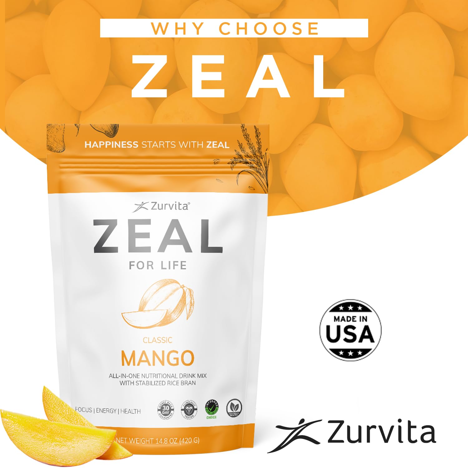 Zurvita Zeal for Life Mango glass with fruit, daily wellness.