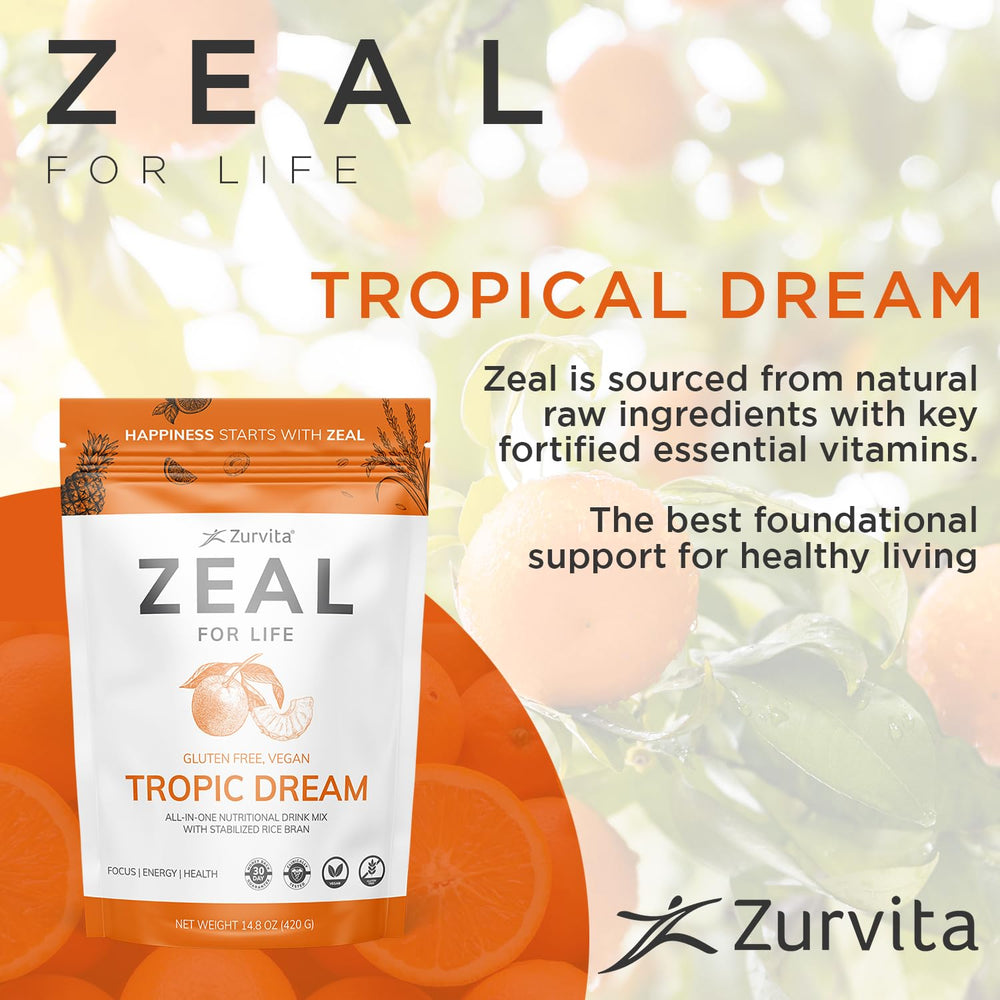 Smoothie glass with Tropic Dream flavor featuring Zeal for Life.